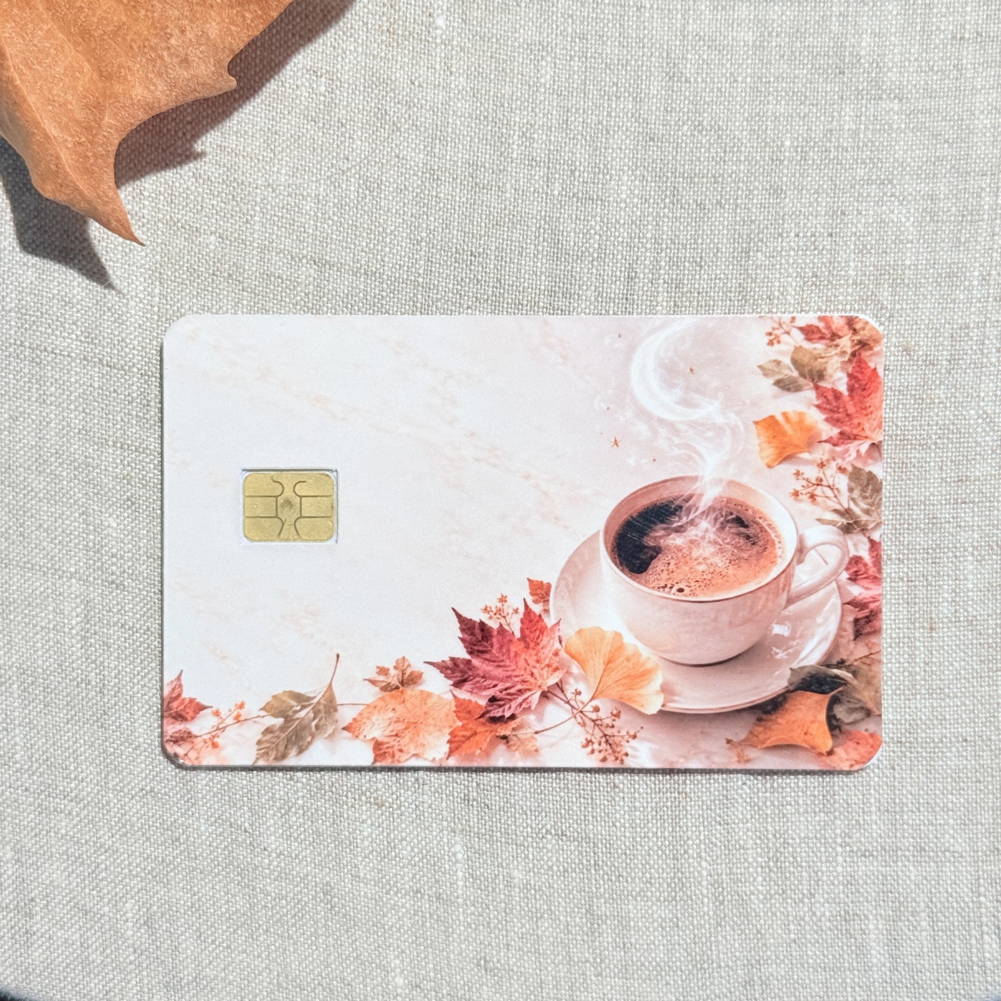 Pumpkin spice latte card skin showing the soft cream marble background