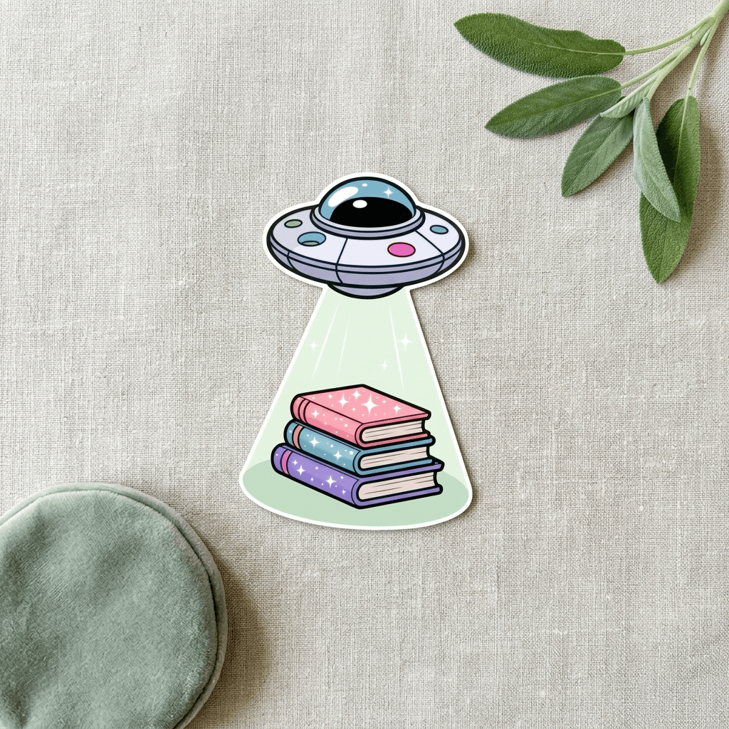 UFO Book Abduction Sticker – Pastel Alien Bookish Decal – Sticker Era by The Sticker Era