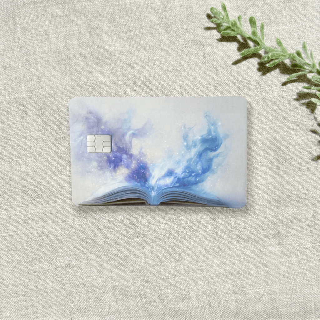 Galaxy Mist Open Book Debit Card Skin – Fantasy Reader Card Cover – Sticker Era by The Sticker Era