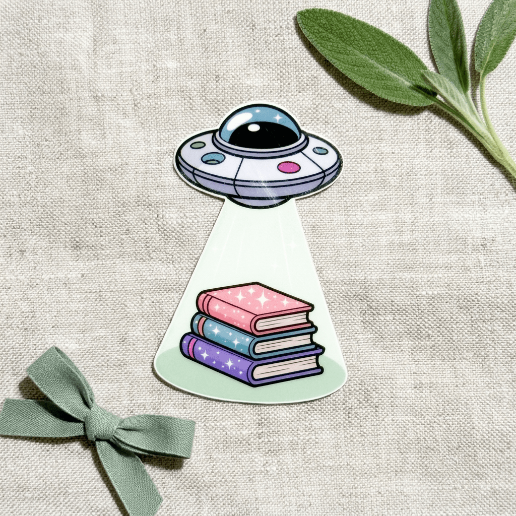 UFO Book Abduction Sticker – Pastel Alien Bookish Decal – Sticker Era by The Sticker Era