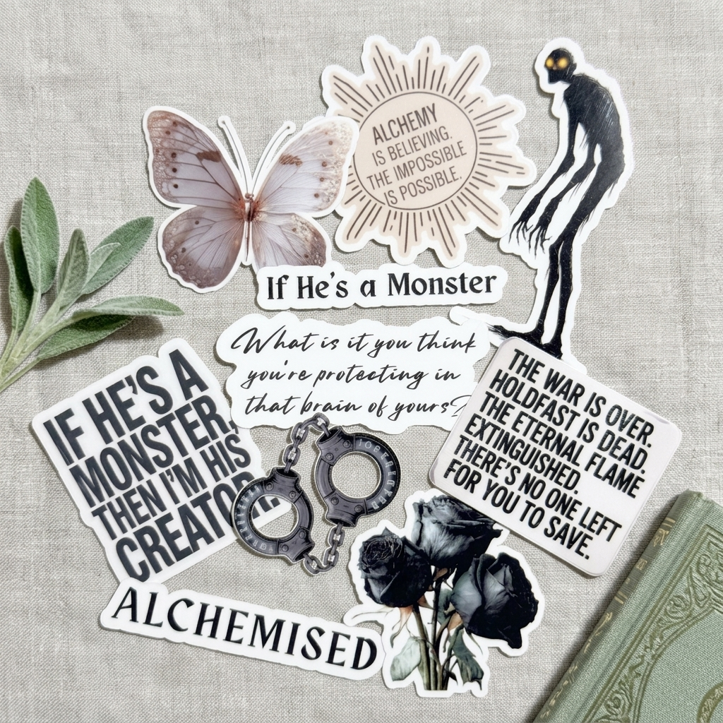 Alchemised dark romance sticker pack with butterfly, sunflower, poppies and bookish quotes flat lay by The Sticker Era