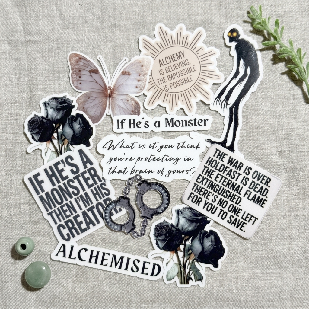Dark romance bookish vinyl stickers with "if he's a monster" quote design by The Sticker Era