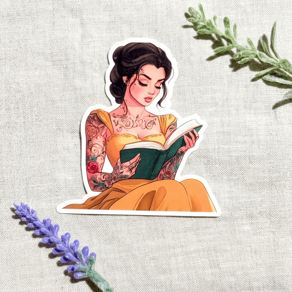 Tattooed princess reading sticker, an edgy bookish vinyl decal on linen by The Sticker Era
