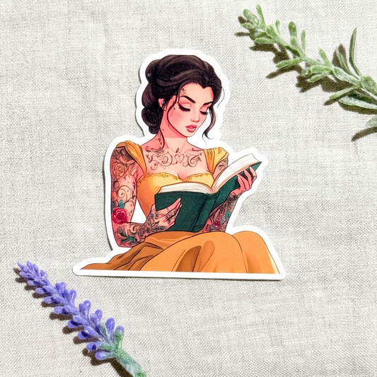 Tattooed princess reading sticker, an edgy bookish vinyl decal on linen by The Sticker Era