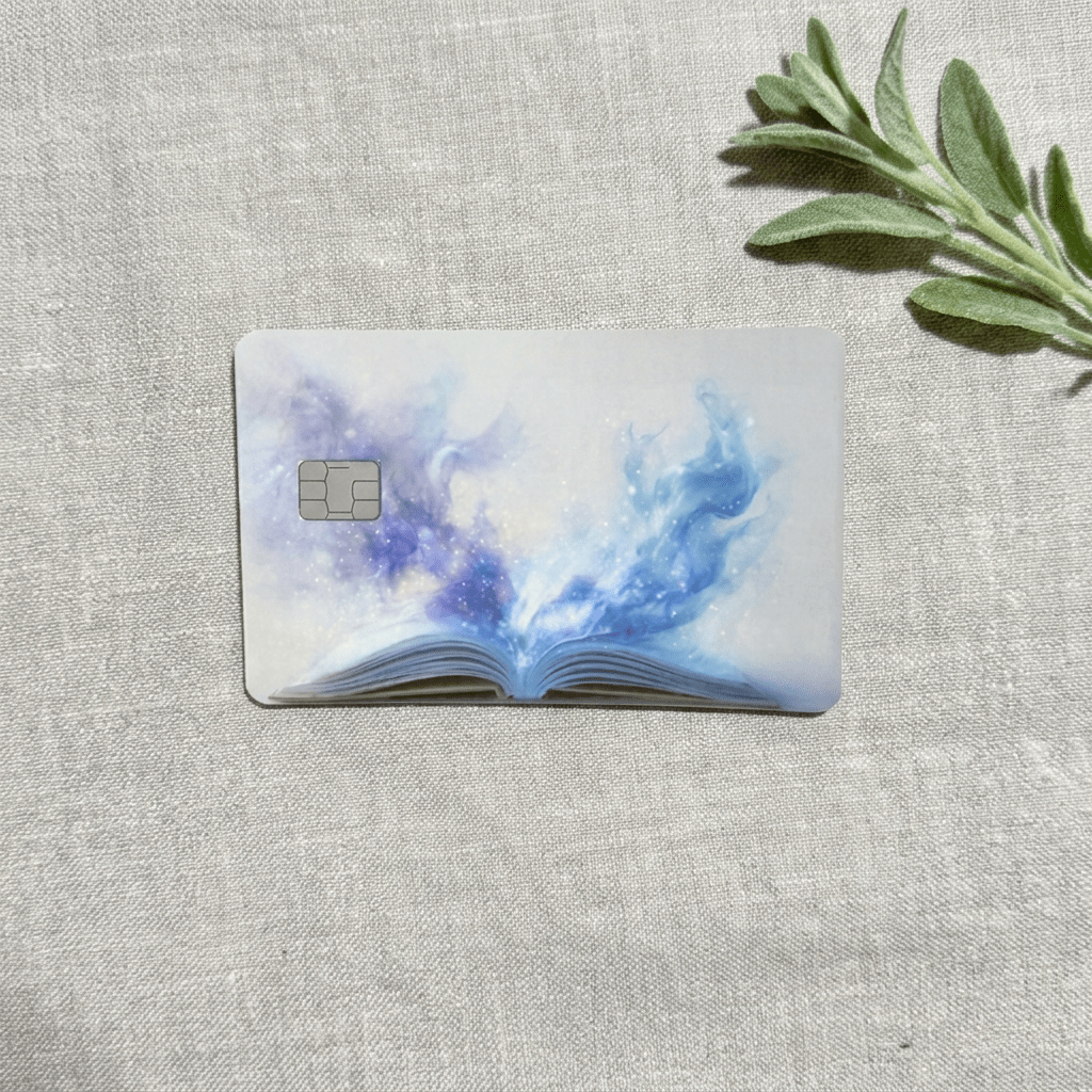Galaxy Mist Open Book Debit Card Skin – Fantasy Reader Card Cover – Sticker Era by The Sticker Era