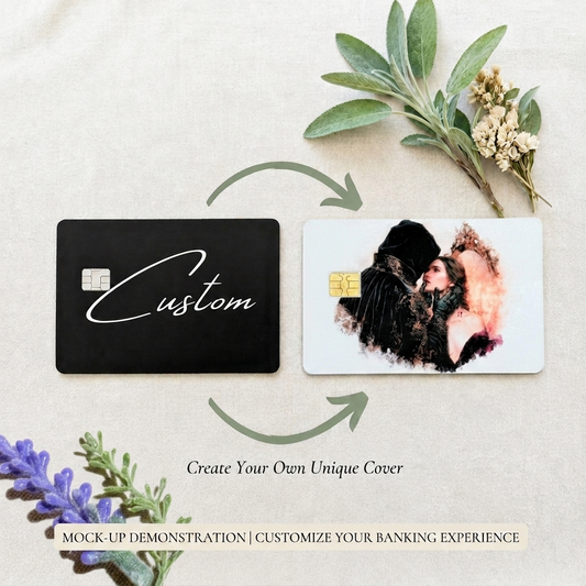 Custom debit card skin mockup showing a personalized portrait design, made-to-order card cover by The Sticker Era