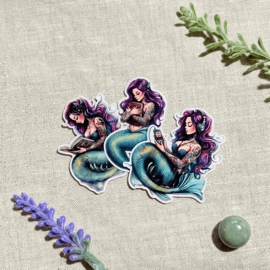 Purple Mermaid Sticker Pack – Tattooed Bookish Siren Decals – Sticker Era by The Sticker Era
