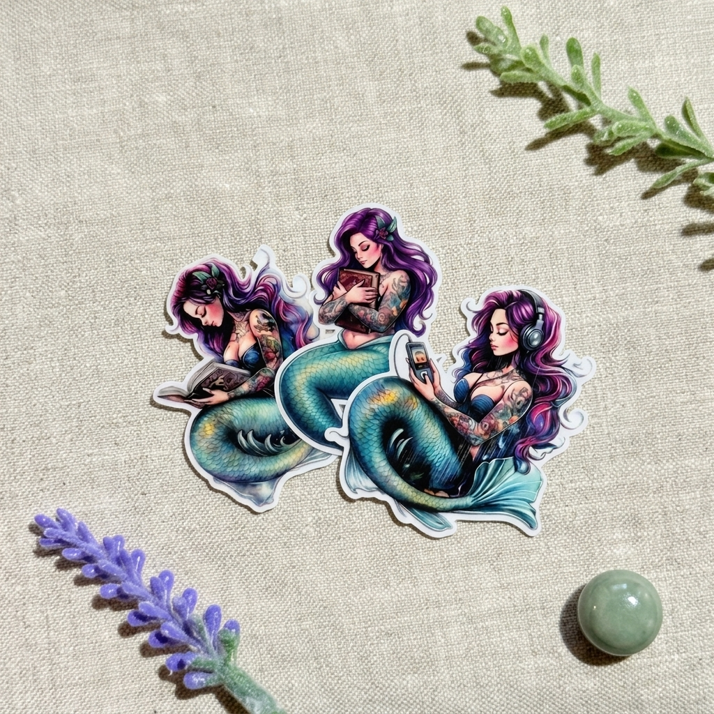 Purple mermaid sticker pack with three tattooed reading sirens on linen, by The Sticker Era
