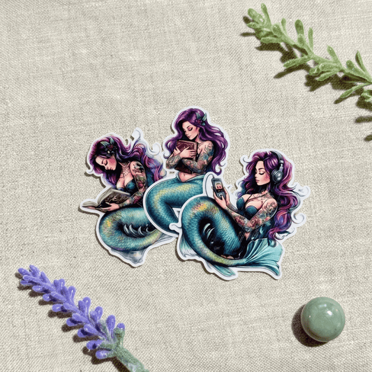 Purple Mermaid Sticker Pack – Tattooed Bookish Siren Decals – Sticker Era by The Sticker Era
