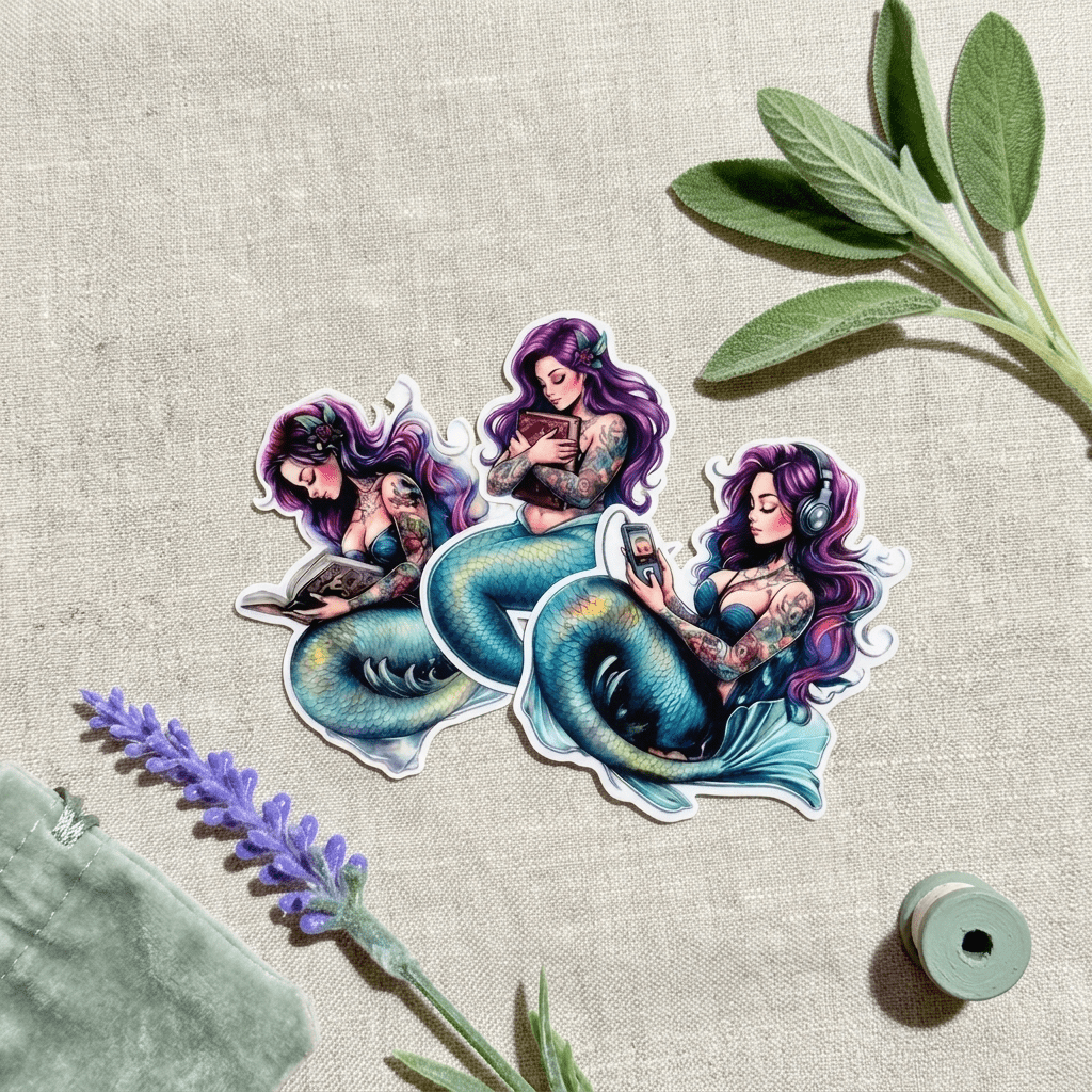 Purple Mermaid Sticker Pack – Tattooed Bookish Siren Decals – Sticker Era by The Sticker Era