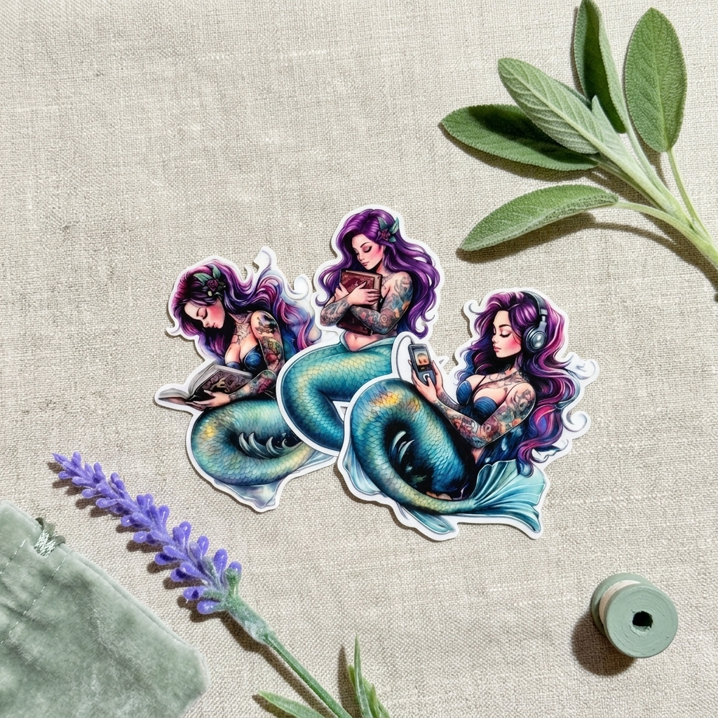 Tattooed purple mermaid sticker held in hand on aesthetic background, by The Sticker Era