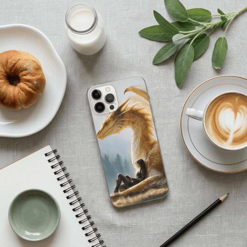 Golden Dragon & Reader Phone Insert | Sunlit Fantasy Art for Clear iPhone Cases by The Sticker Era