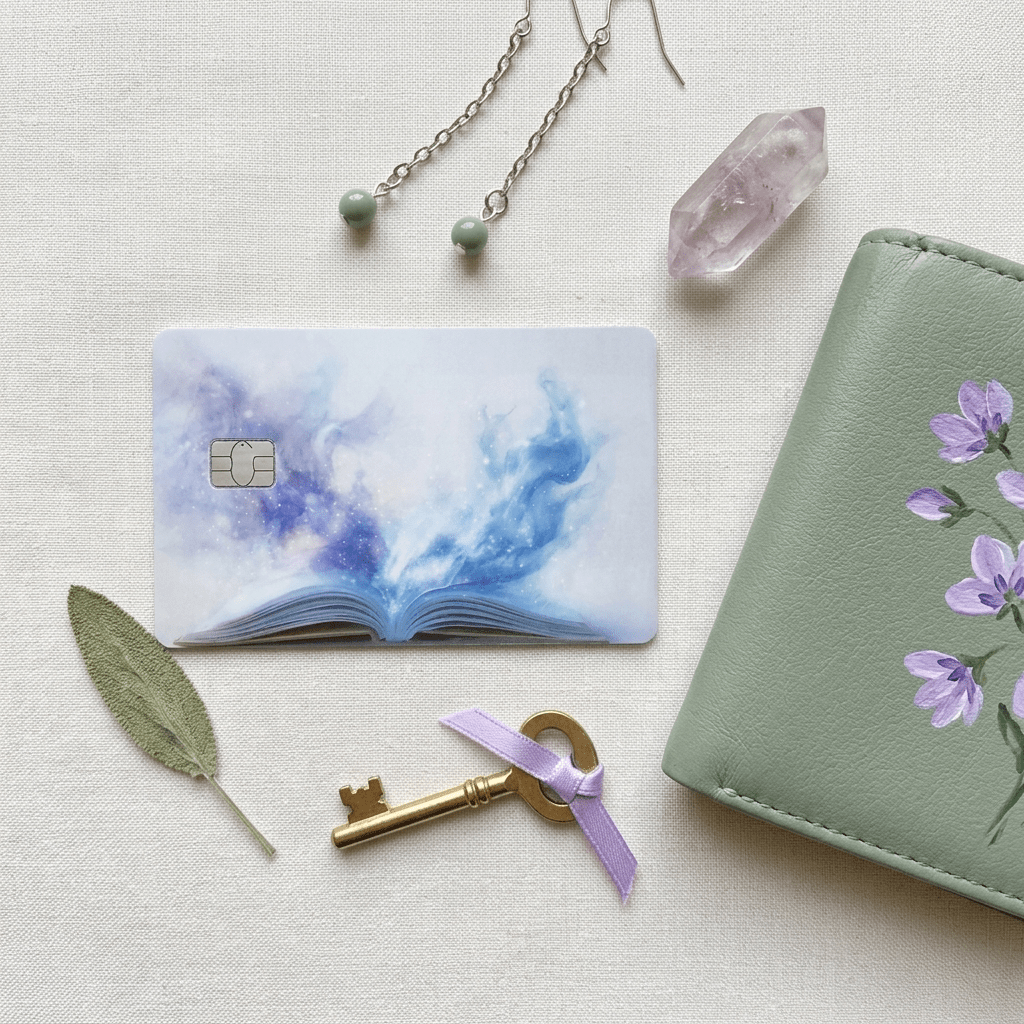 Galaxy Mist Open Book Debit Card Skin – Fantasy Reader Card Cover – Sticker Era by The Sticker Era