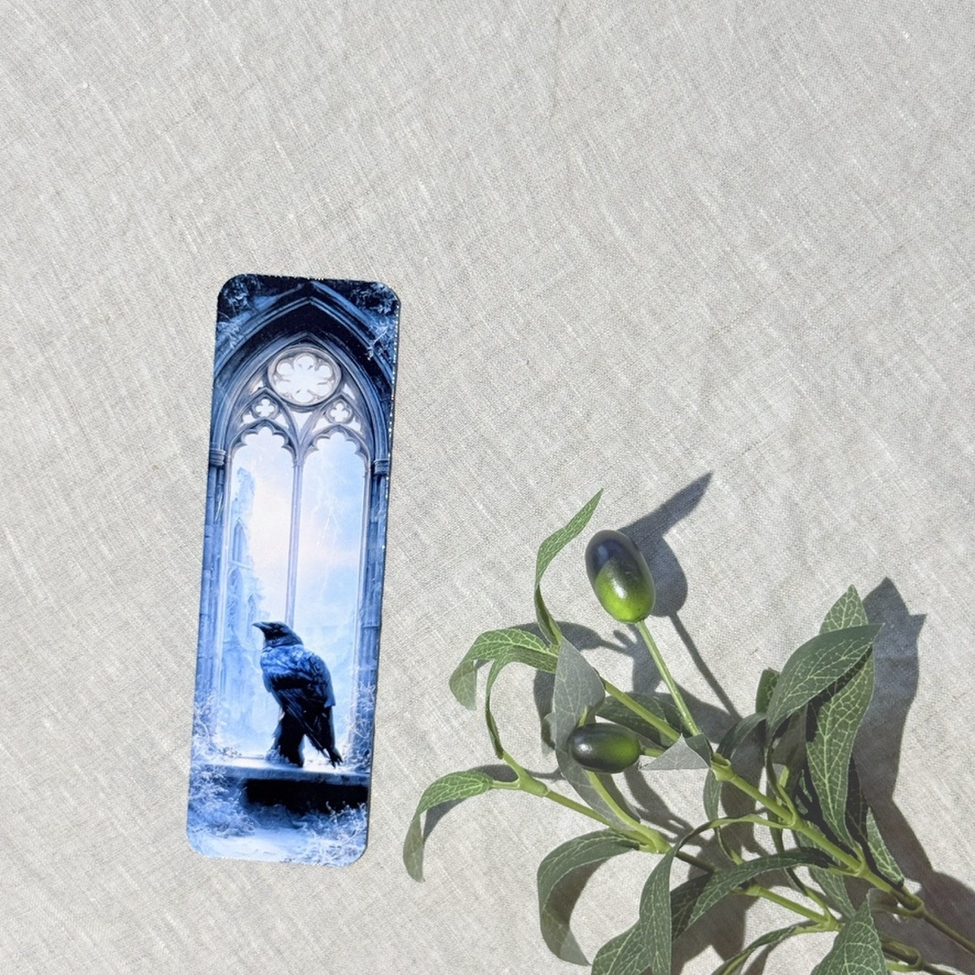 Raven gothic cathedral laminated bookmark on linen by The Sticker Era