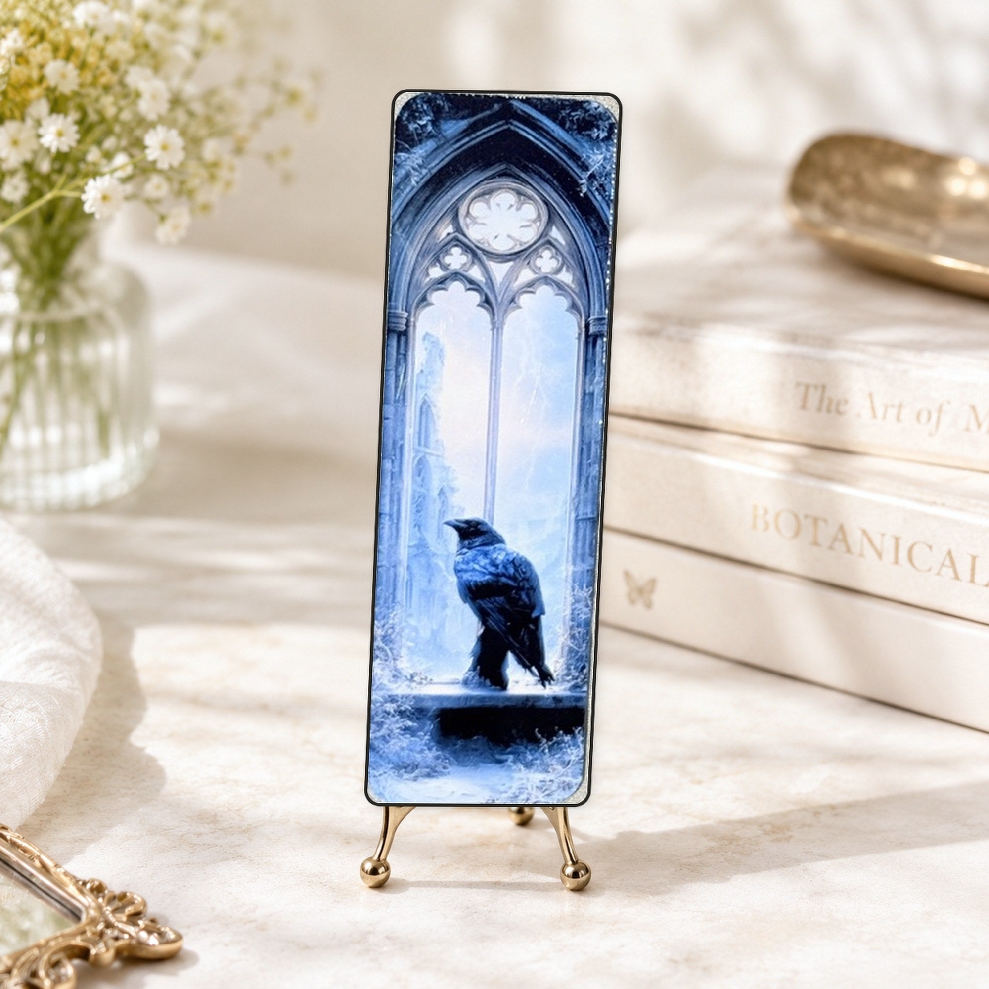 Raven bookmark on brass display by The Sticker Era