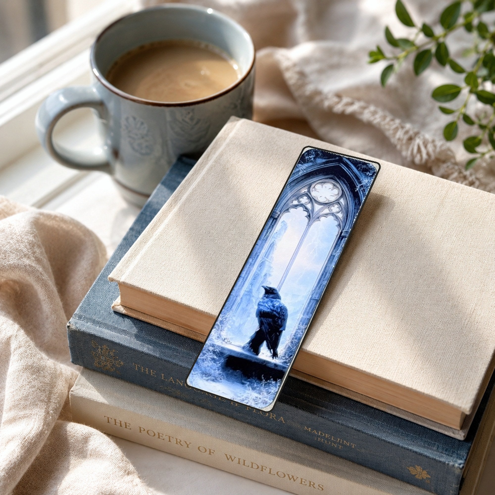 Raven bookmark with coffee and books by The Sticker Era