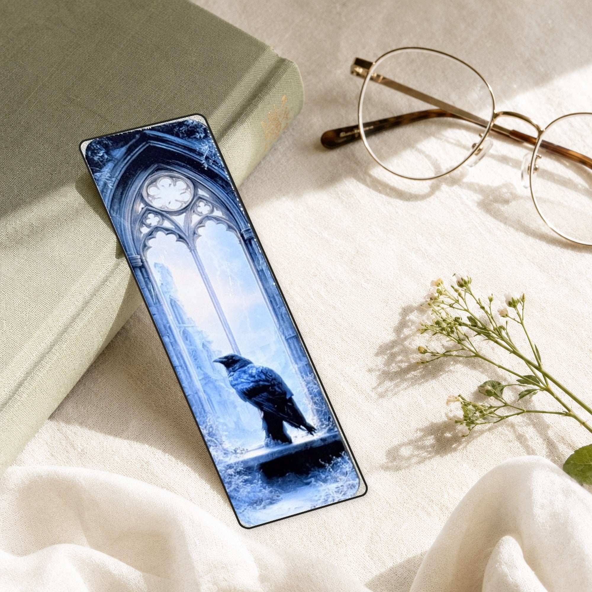 Raven bookmark with sage book and glasses by The Sticker Era