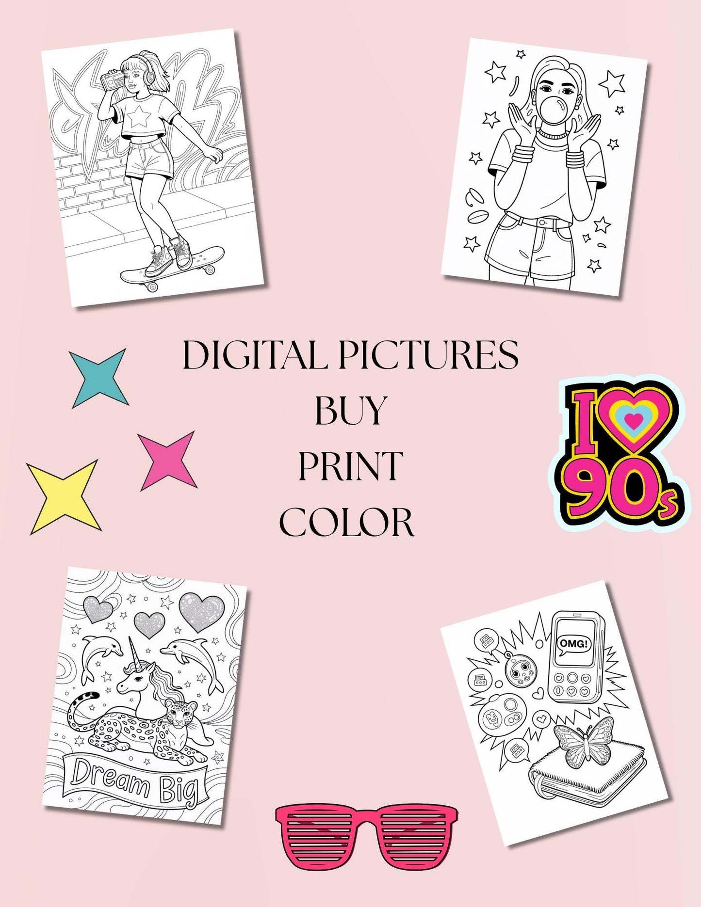 90s Nostalgia Coloring Book: Retro Pop Culture Art (45 Page Digital Download) __etsy:6909588186
