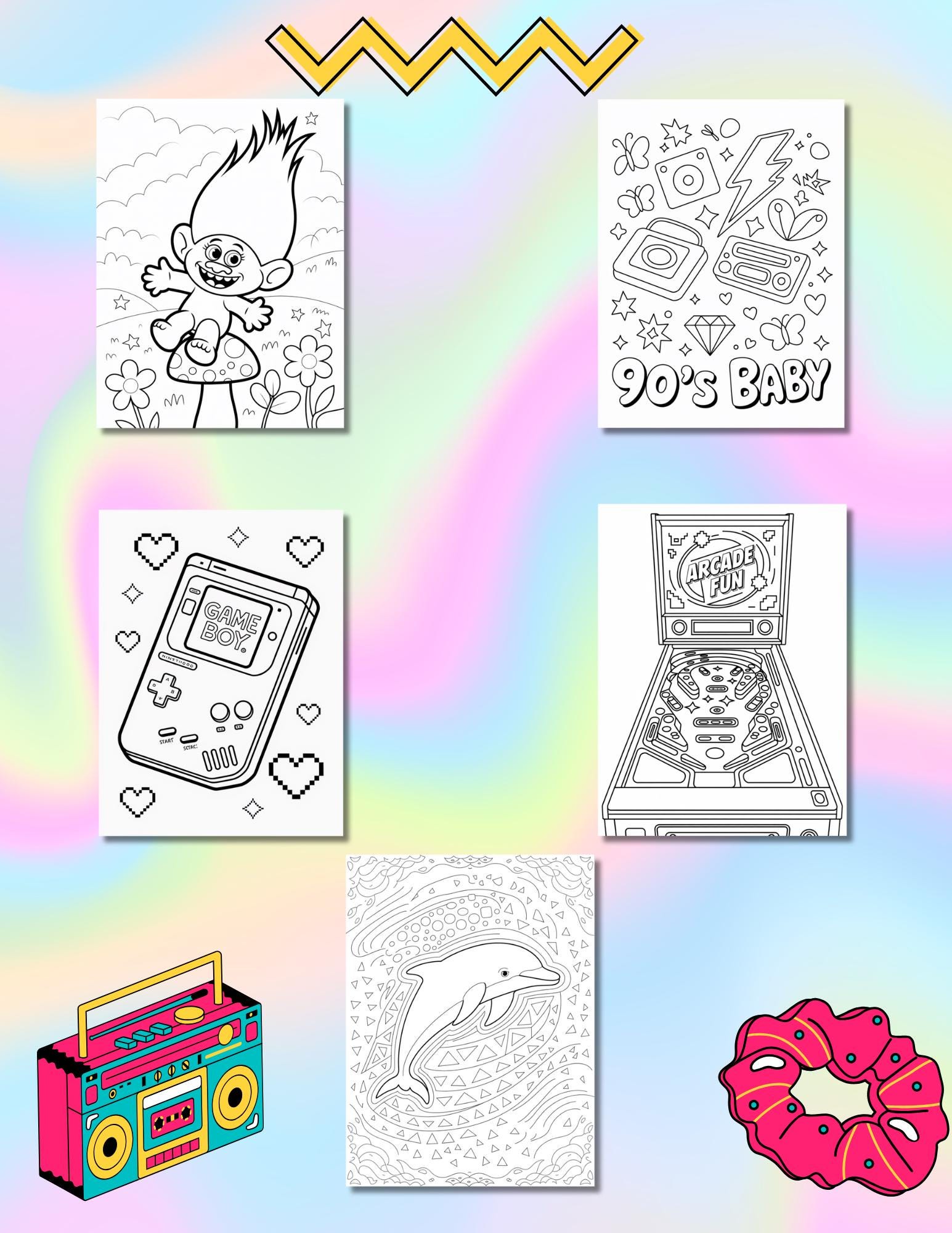 90s Nostalgia Coloring Book: Retro Pop Culture Art (45 Page Digital Download) __etsy:6909588248