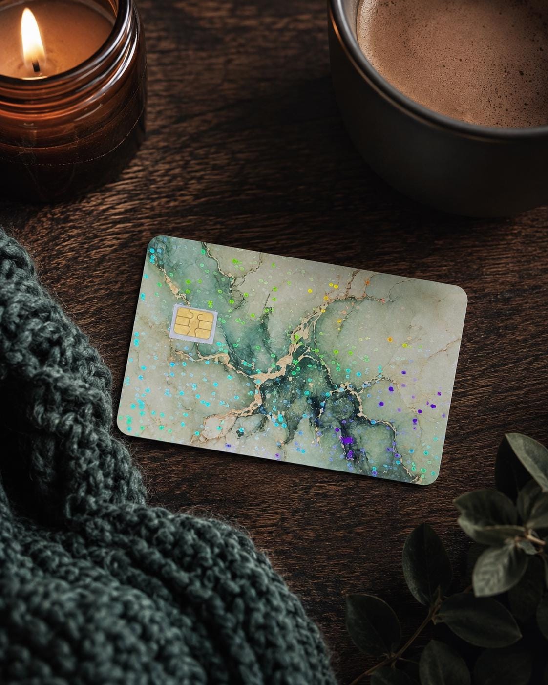 Tapping the green marble card skin at a cafe card reader beside a latte by The Sticker Era