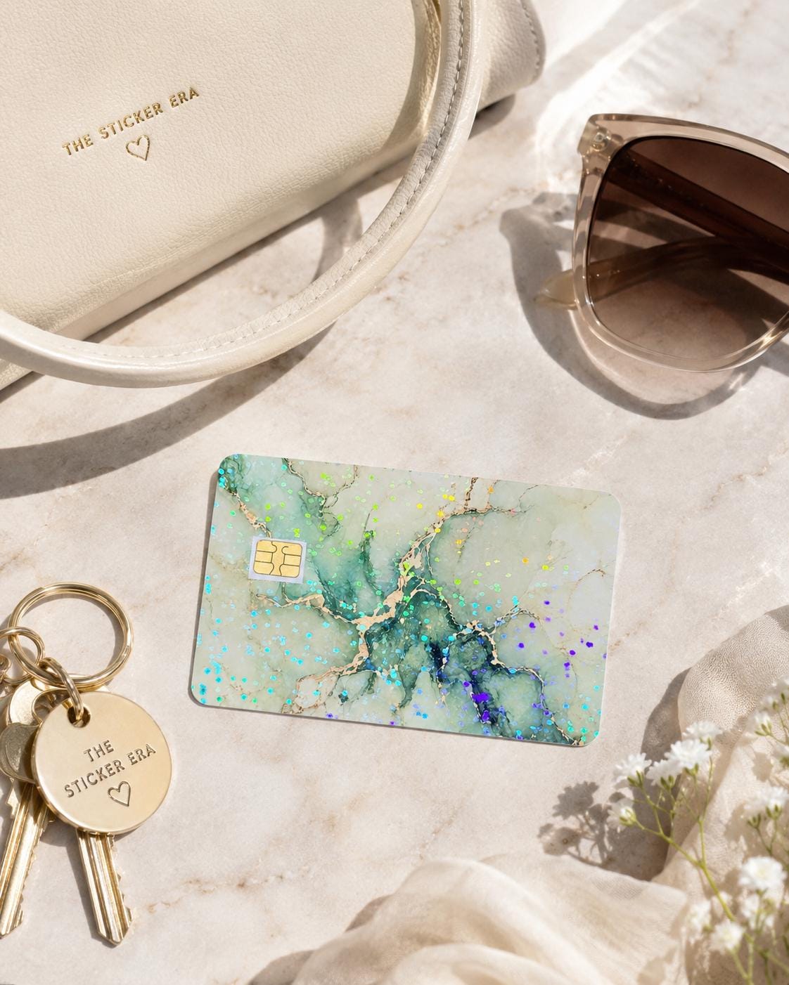 Green marble card skin flat lay with keys, sunglasses and a cream wallet by The Sticker Era