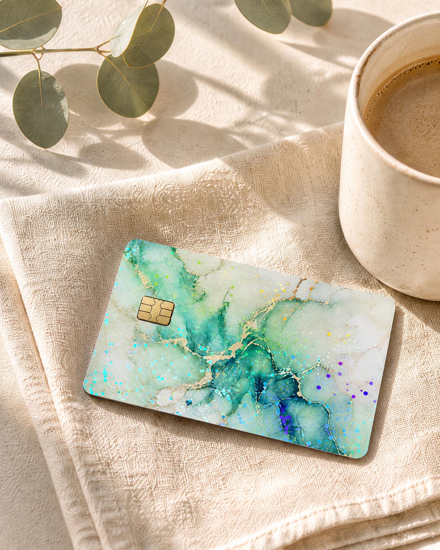Sage green marble card skin on a champagne silk scarf by The Sticker Era