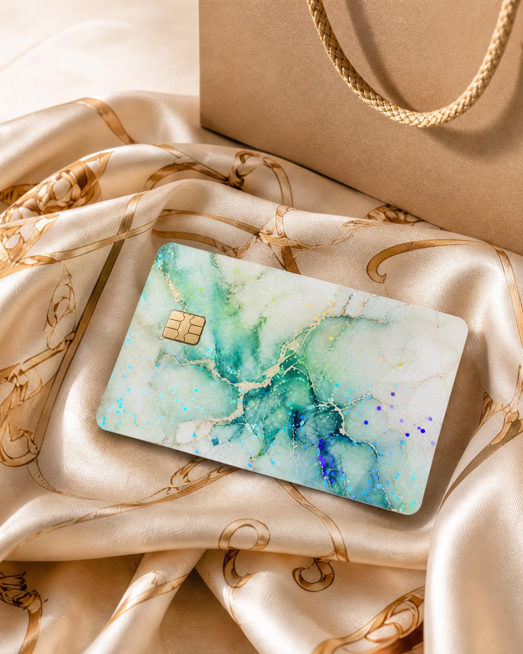 Green marble card skin standing on a windowsill in soft light by The Sticker Era