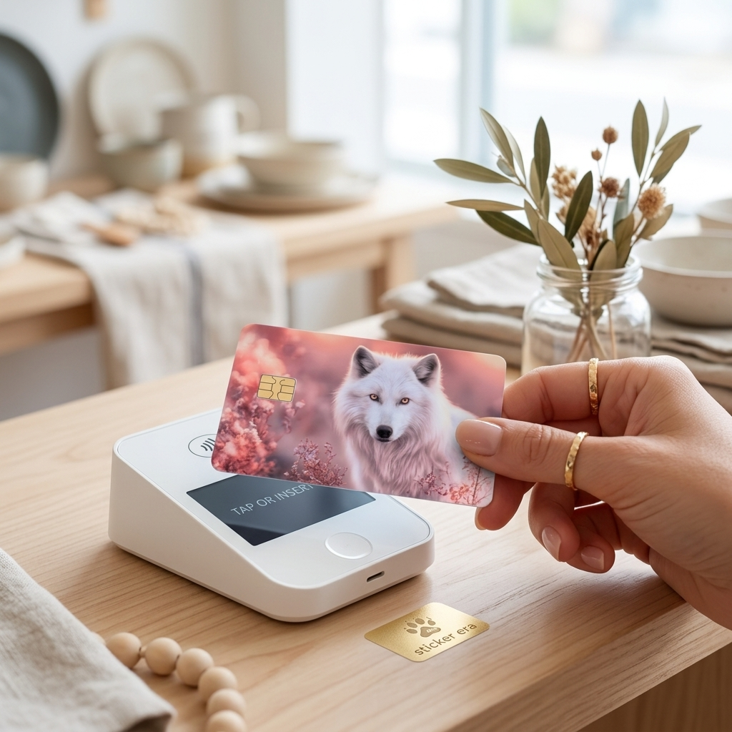 Hand holding a blush pink wolf credit card skin over a payment terminal by The Sticker Era