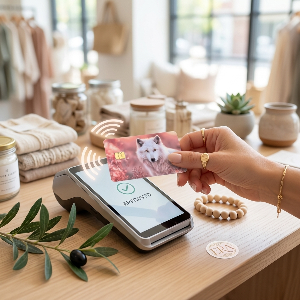 Hand tapping a white wolf card skin debit card at a checkout card reader by The Sticker Era