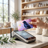 Hand tapping a raven cherry blossom debit card skin at a checkout card reader by The Sticker Era