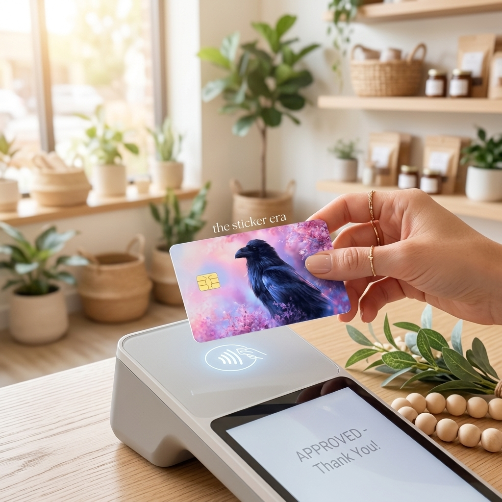 Whimsigoth raven card skin on a credit card held over a payment terminal with greenery by The Sticker Era