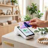 Hand holding a raven and pink blossom card skin at a tap-to-pay terminal by The Sticker Era