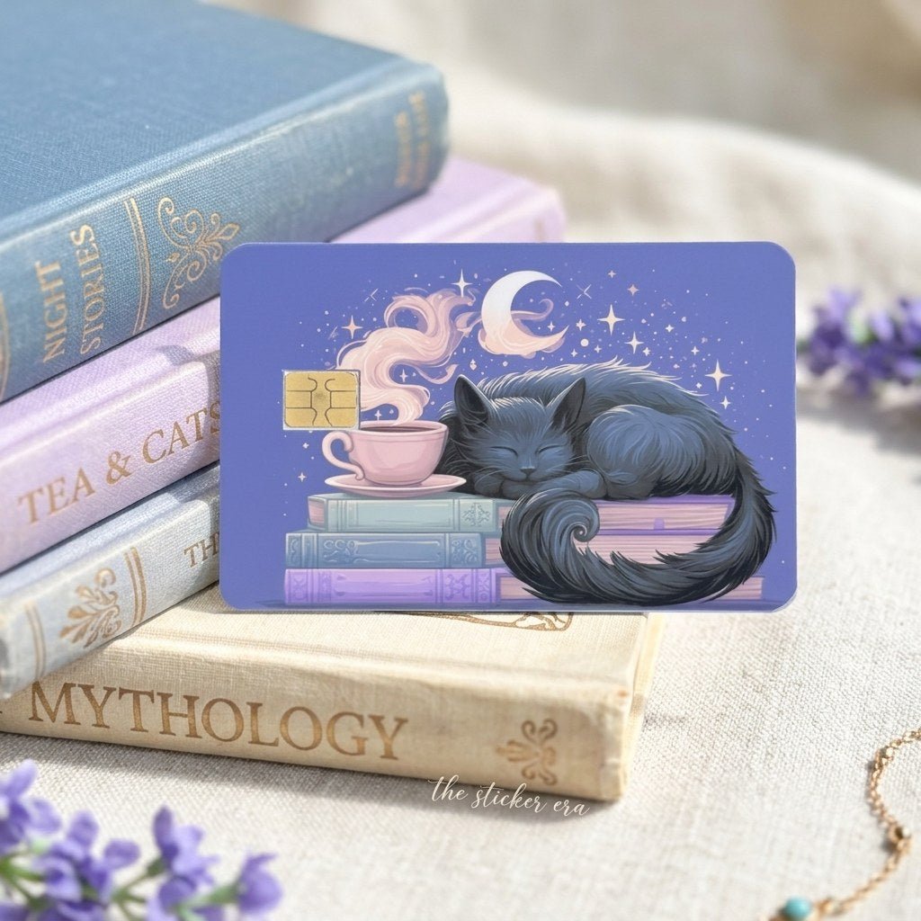Sleepy Cat Card Skin – Moonlit Books & Tea Debit & Credit Card Sticker by The Sticker Era