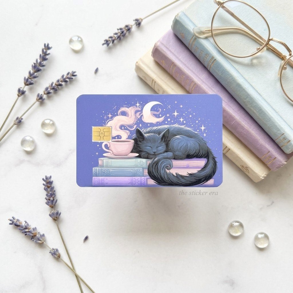 Sleepy Cat Card Skin – Moonlit Books & Tea Debit & Credit Card Sticker by The Sticker Era