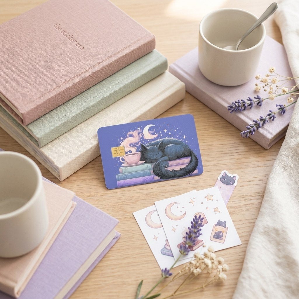 Sleepy Cat Card Skin – Moonlit Books & Tea Debit & Credit Card Sticker by The Sticker Era