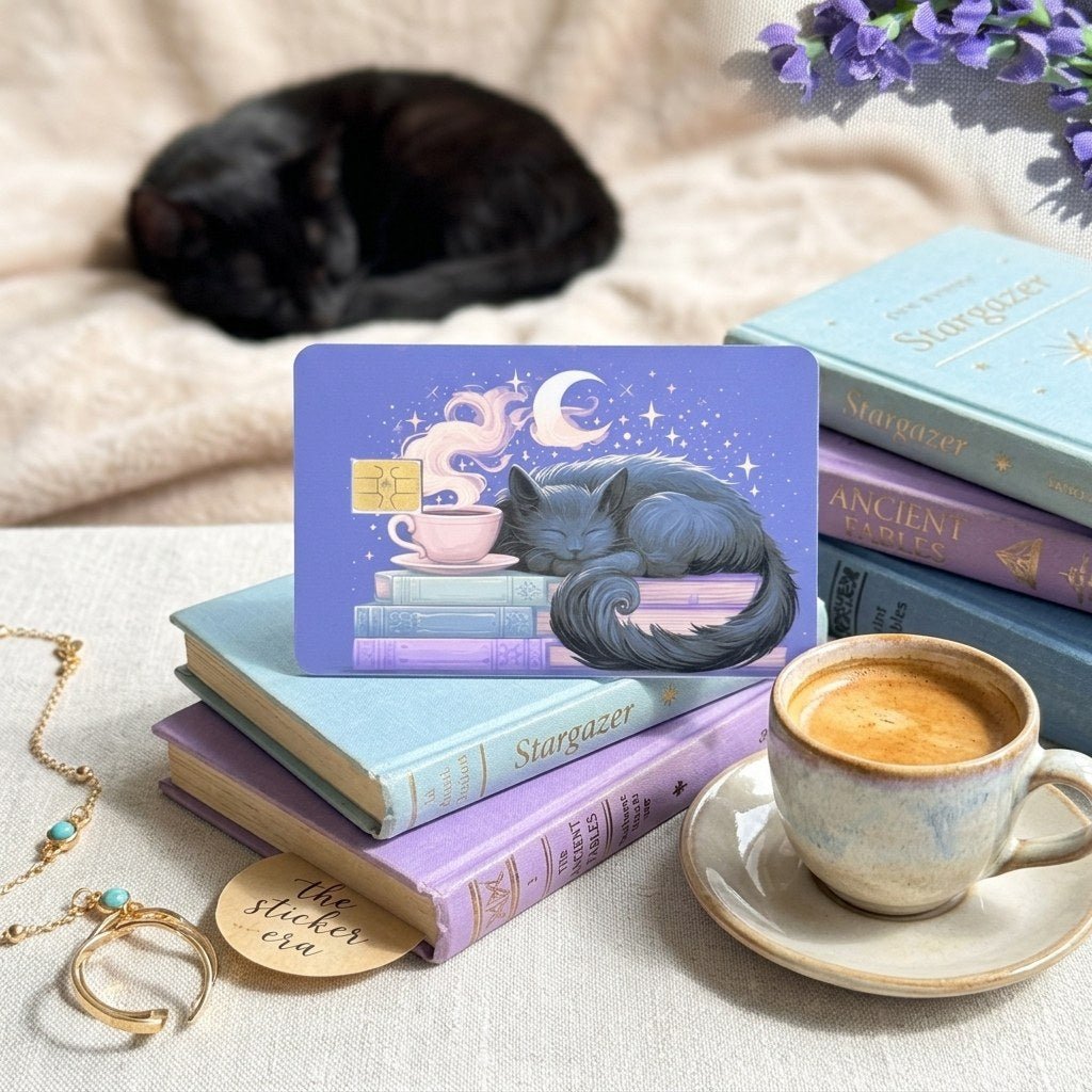 Sleepy Cat Card Skin – Moonlit Books & Tea Debit & Credit Card Sticker by The Sticker Era