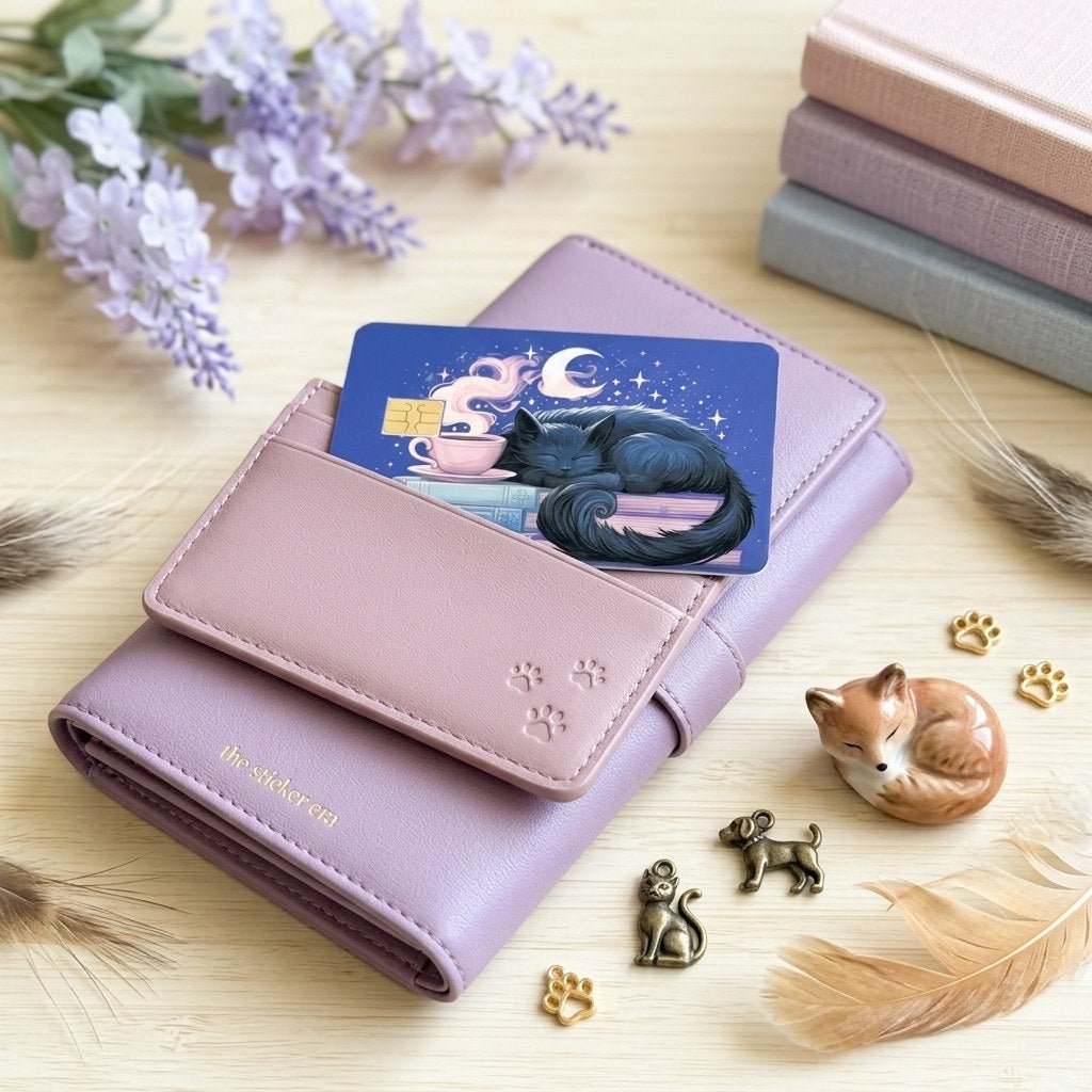 Sleepy Cat Card Skin – Moonlit Books & Tea Debit & Credit Card Sticker by The Sticker Era