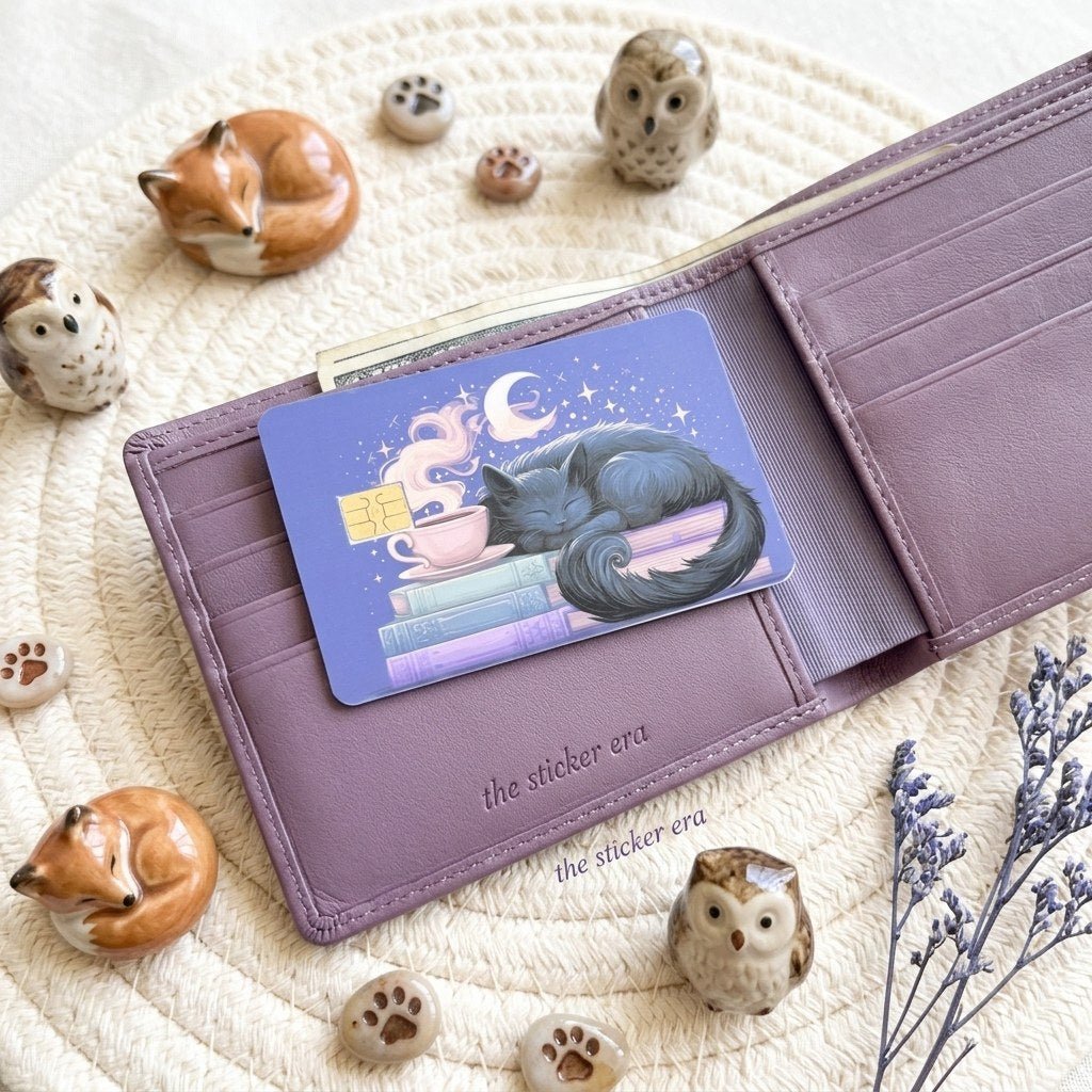 Sleepy Cat Card Skin – Moonlit Books & Tea Debit & Credit Card Sticker by The Sticker Era