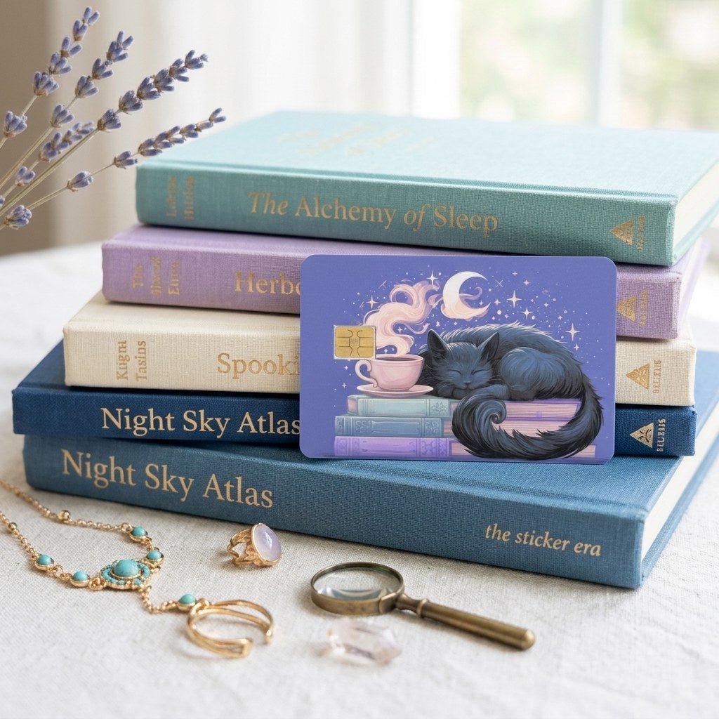 Sleepy Cat Card Skin – Moonlit Books & Tea Debit & Credit Card Sticker by The Sticker Era
