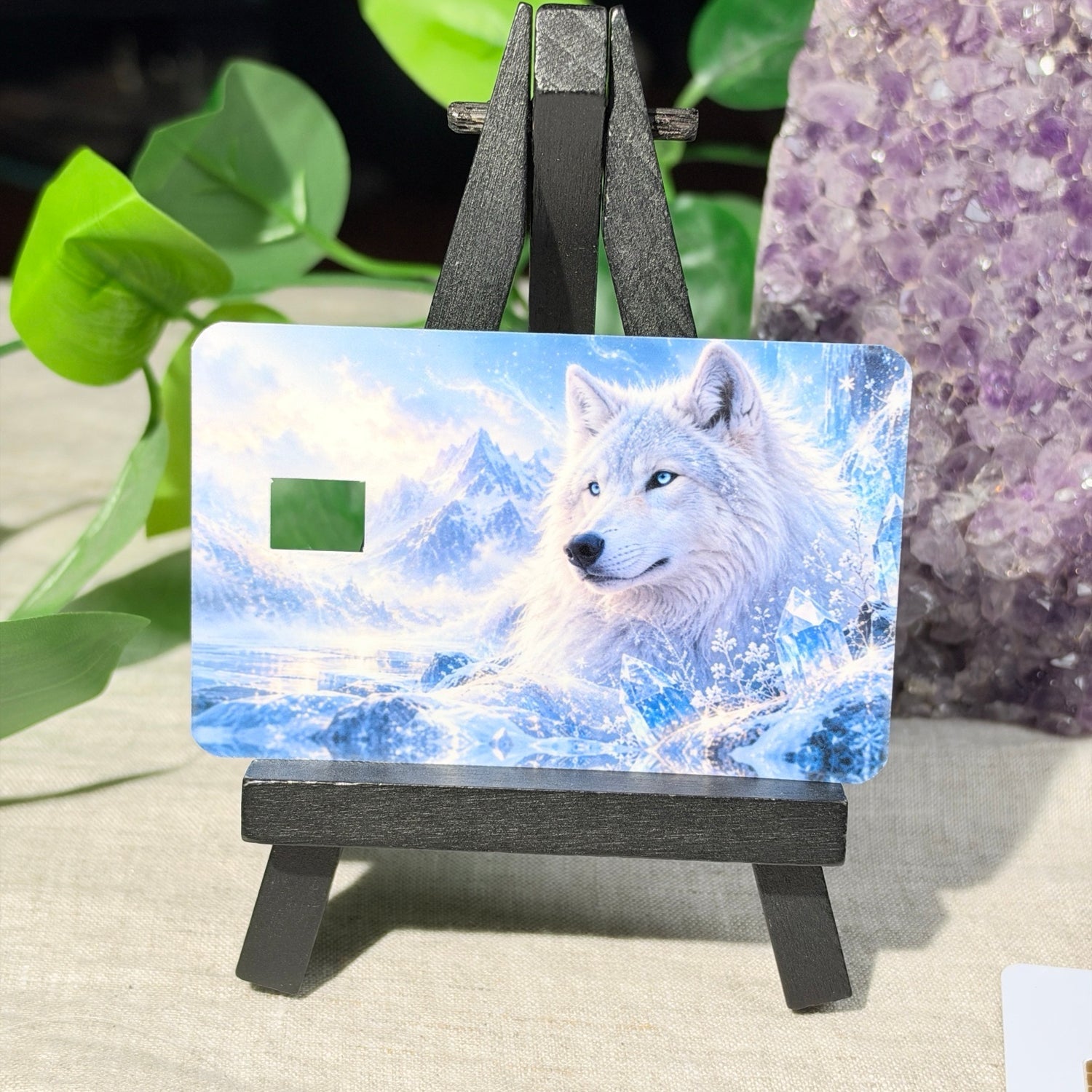 Snow Wolf Card Skin – White Wolf in Icy Mountains Debit & Credit Card Sticker by The Sticker Era