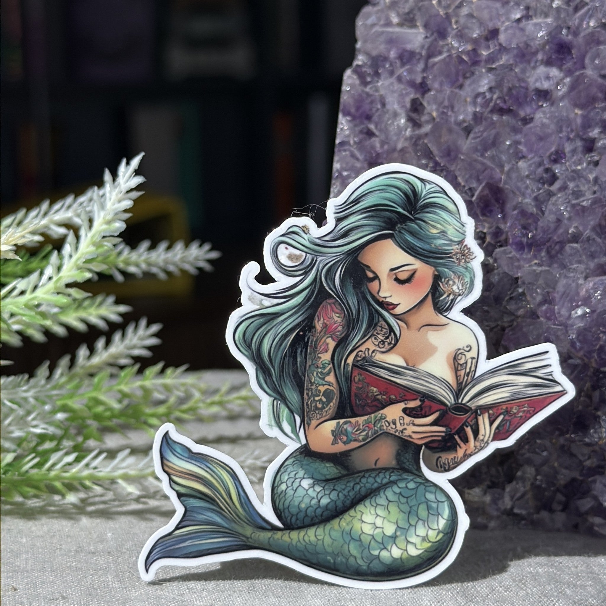 Teal Mermaid Reading Sticker | Retro Ocean Fantasy Book Lover Vinyl Decal by The Sticker Era