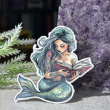 Teal Mermaid Reading Sticker | Retro Ocean Fantasy Book Lover Vinyl Decal by The Sticker Era