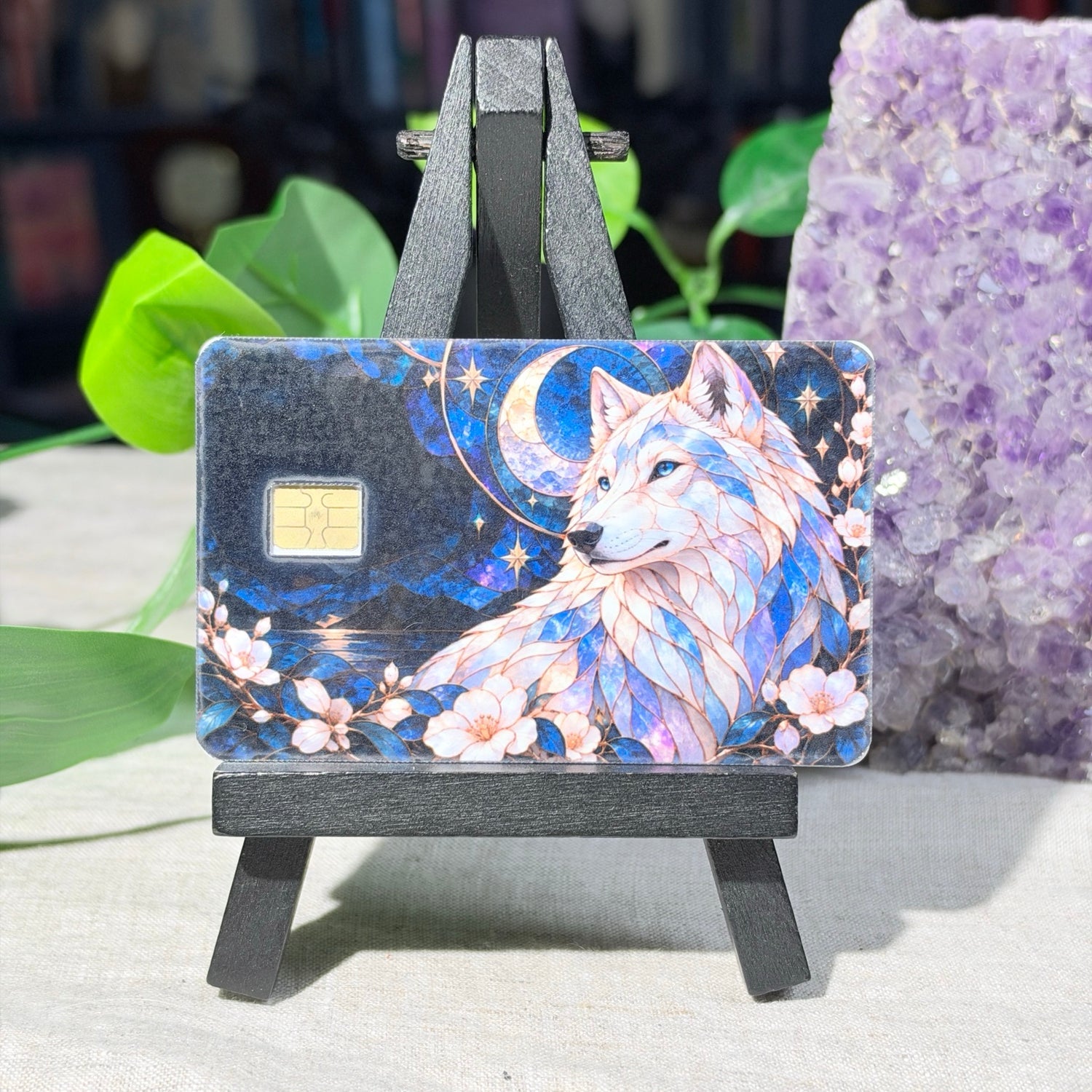 Stained Glass Wolf Card Skin – Crescent Moon & Blossoms Debit & Credit Card Sticker by The Sticker Era