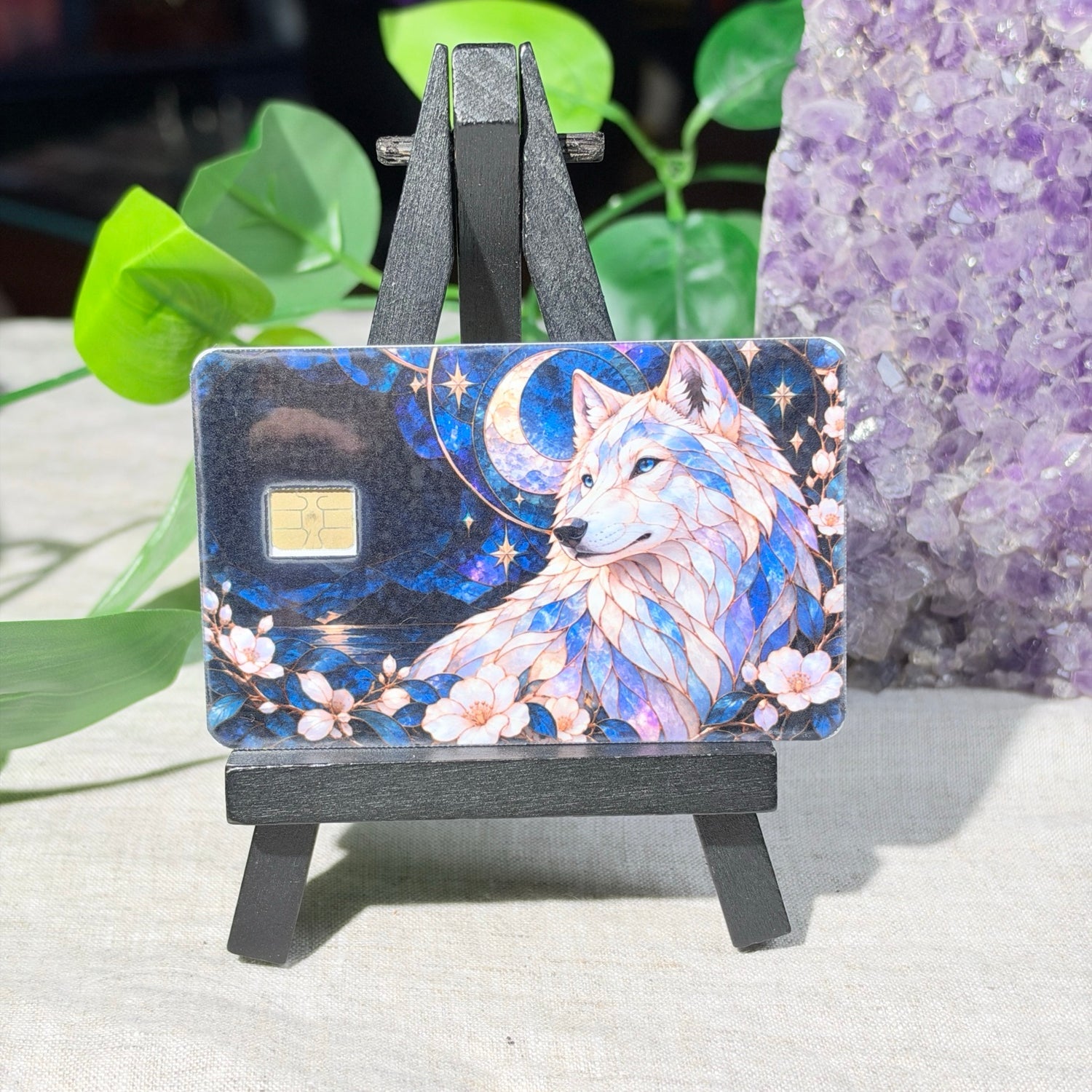 Stained Glass Wolf Card Skin – Crescent Moon & Blossoms Debit & Credit Card Sticker by The Sticker Era