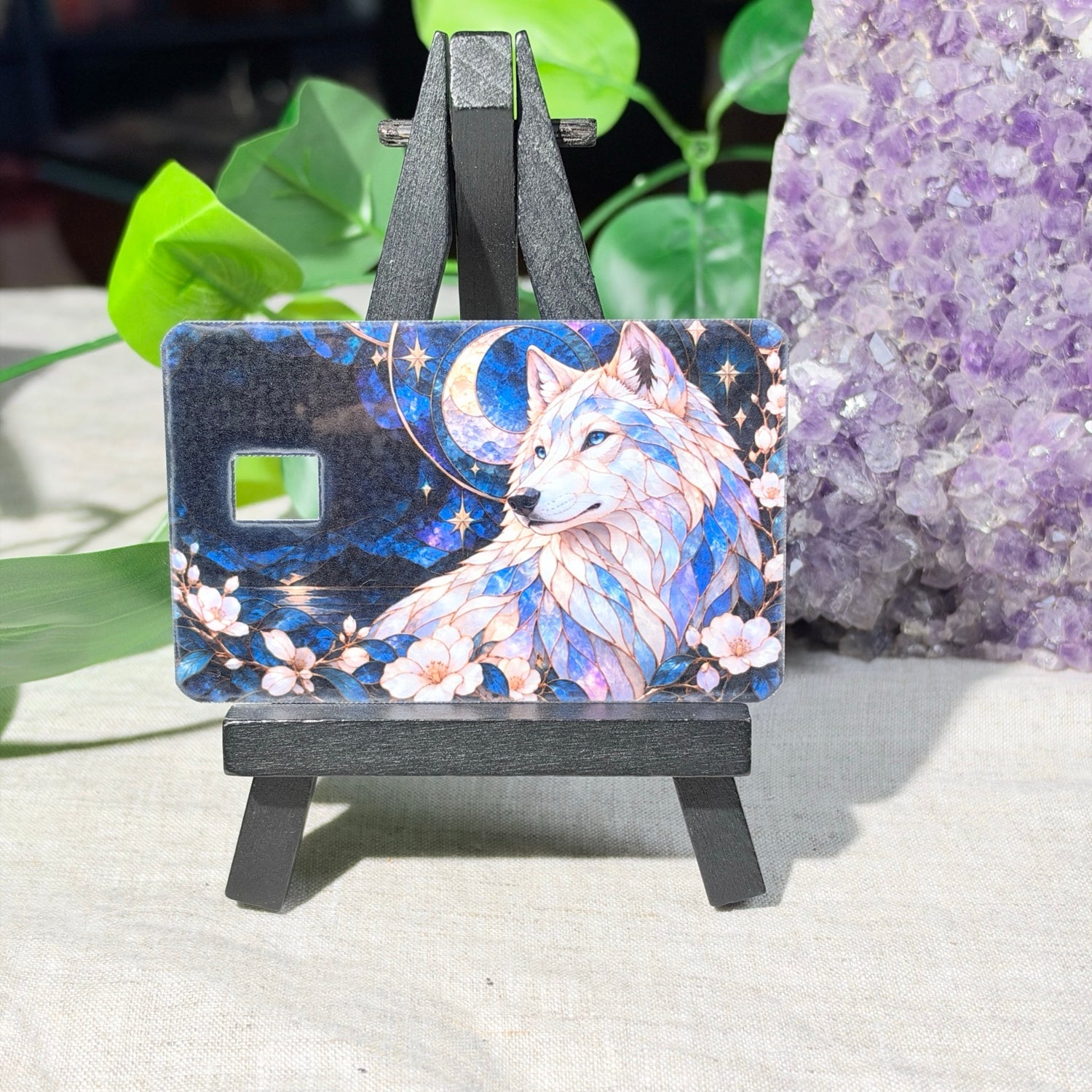 Stained Glass Wolf Card Skin – Crescent Moon & Blossoms Debit & Credit Card Sticker by The Sticker Era