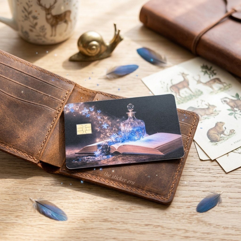 Starlight Potion Card Skin – Glowing Blue Bottle Debit & Credit Card Sticker by The Sticker Era