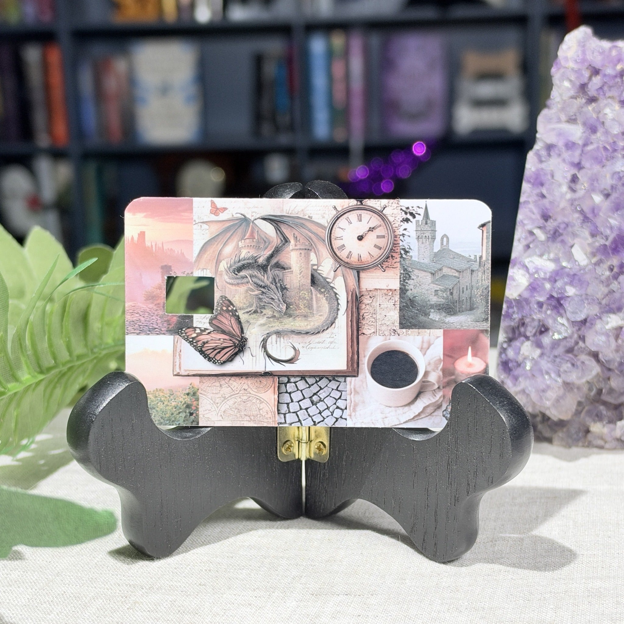 Storybook dragon pink collage card skin showing the pre-cut chip window, by The Sticker Era
