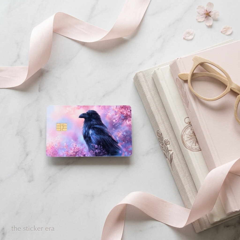 Raven cherry blossom card skin on a debit card beside blush ribbon and stacked books by The Sticker Era
