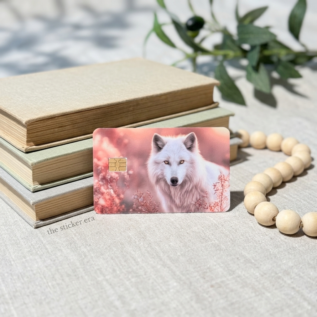 Pink white wolf card skin leaning against old books and wooden beads by The Sticker Era