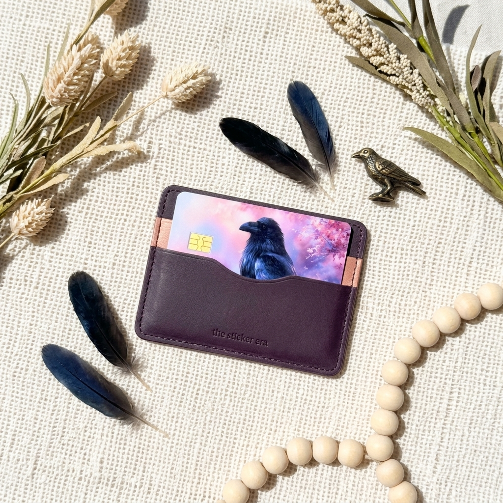 Raven cherry blossom card skin in a plum cardholder with dried grasses and black feathers by The Sticker Era